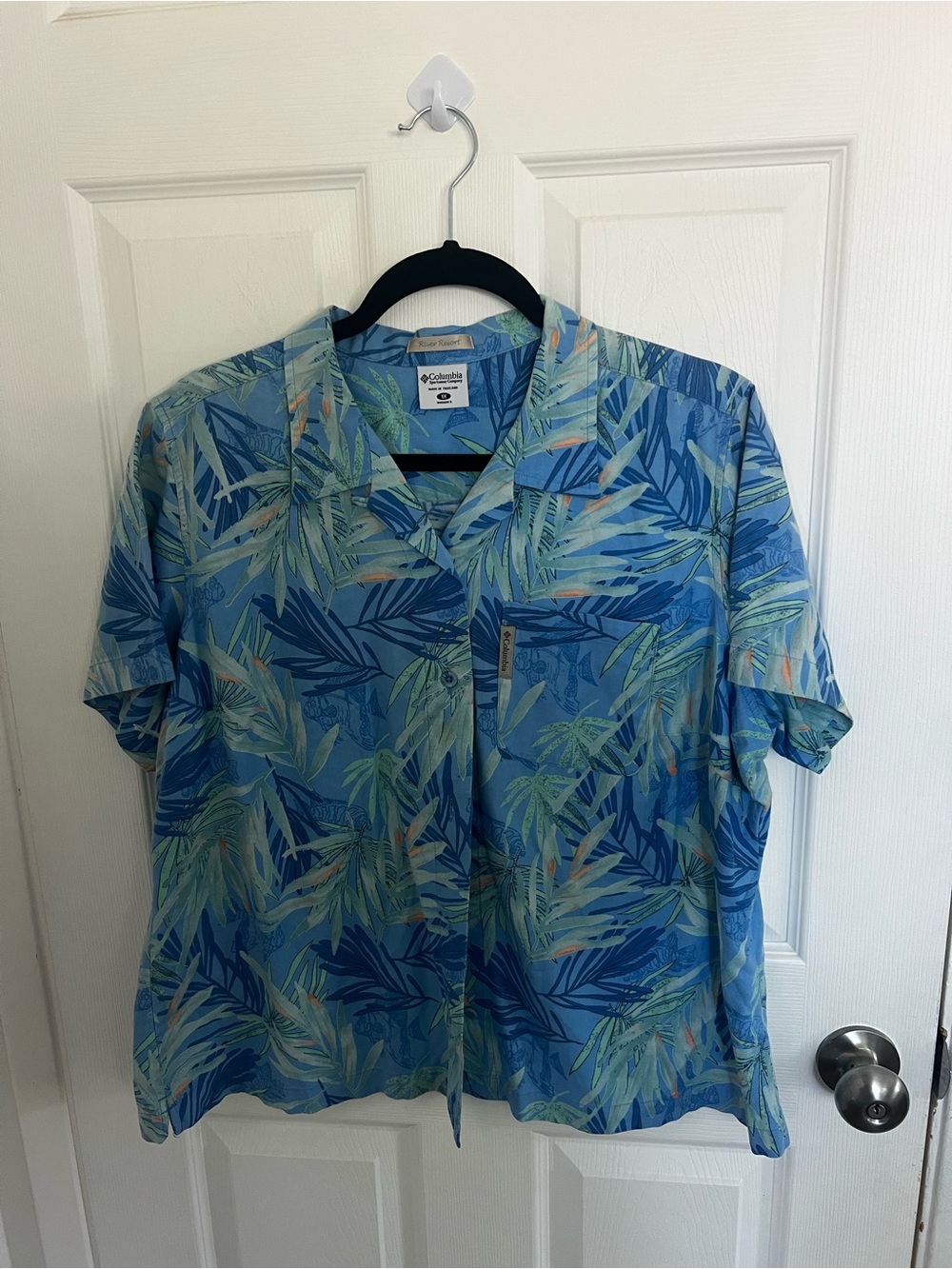 Columbia Blue and Green Tropical Leaf Camp Shirt